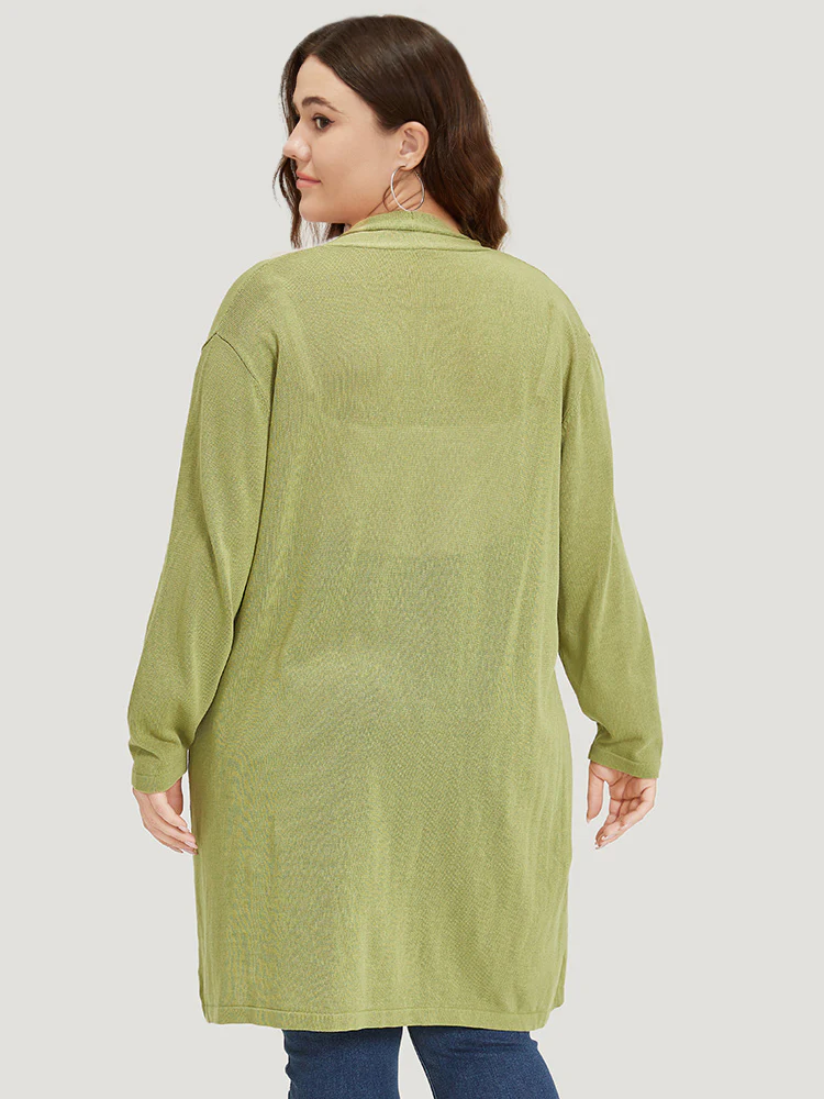 Solid Patched Pocket Open Front Tunic Cardigan - Image 2