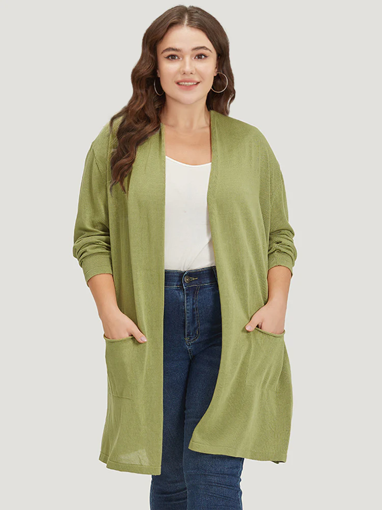 Solid Patched Pocket Open Front Tunic Cardigan - Image 3