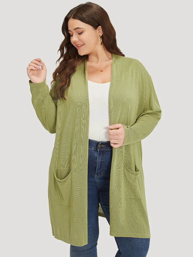 Solid Patched Pocket Open Front Tunic Cardigan - Image 4