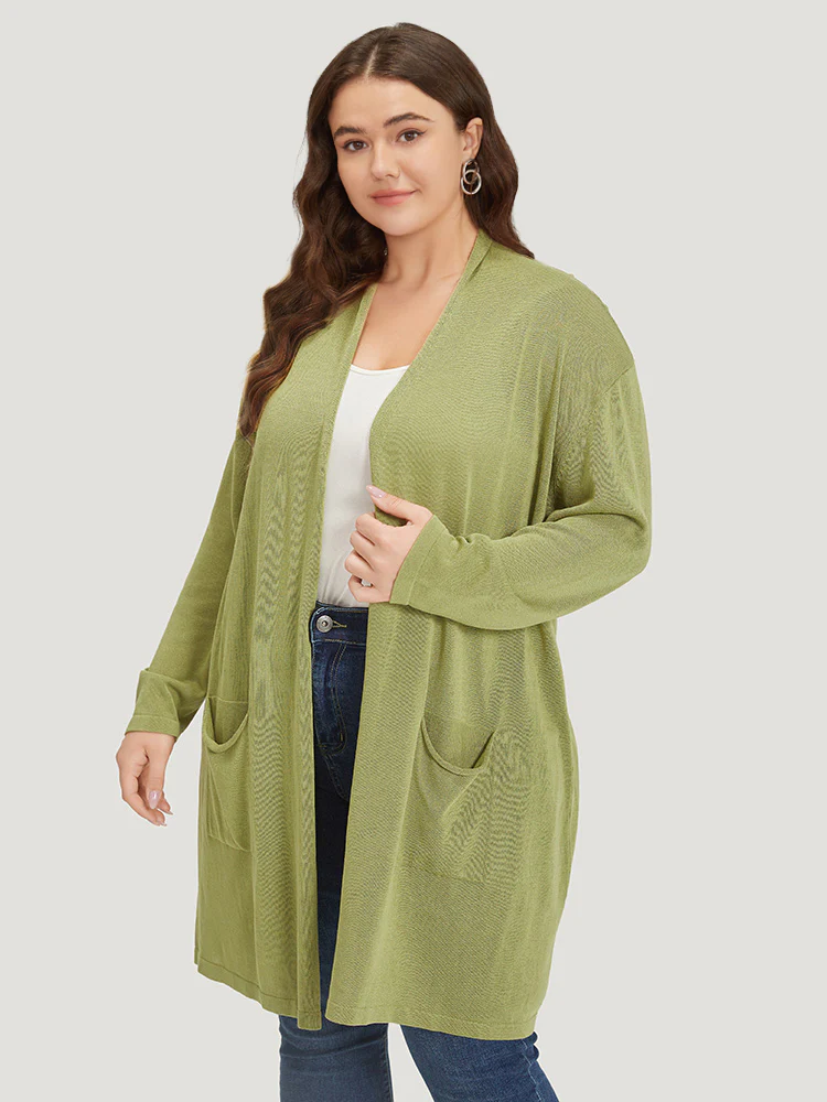 Solid Patched Pocket Open Front Tunic Cardigan - Image 5