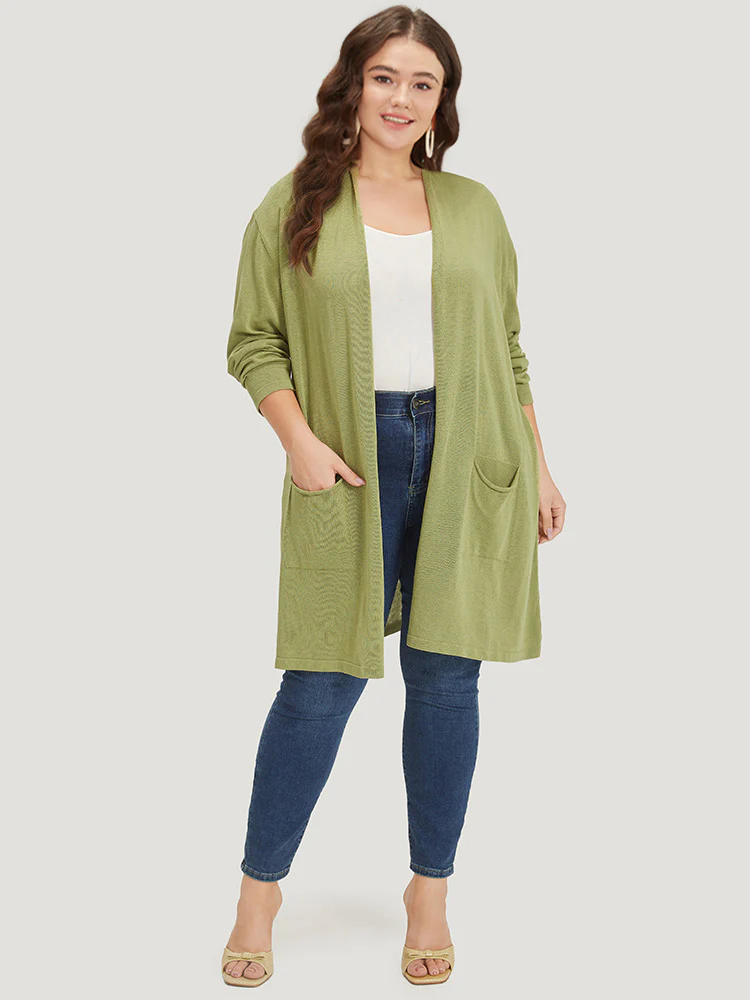 Solid Patched Pocket Open Front Tunic Cardigan - Image 6