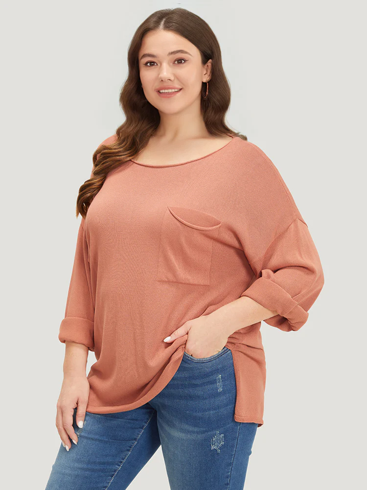 Solid Patched Pocket Split Side Pullover - Image 3