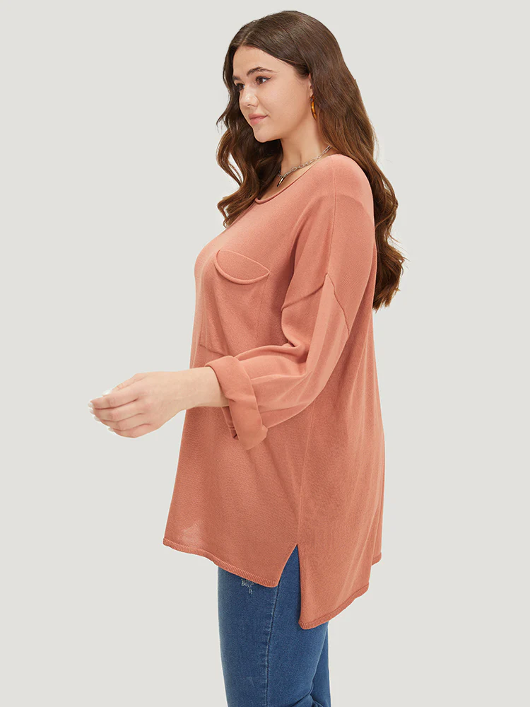 Solid Patched Pocket Split Side Pullover - Image 4