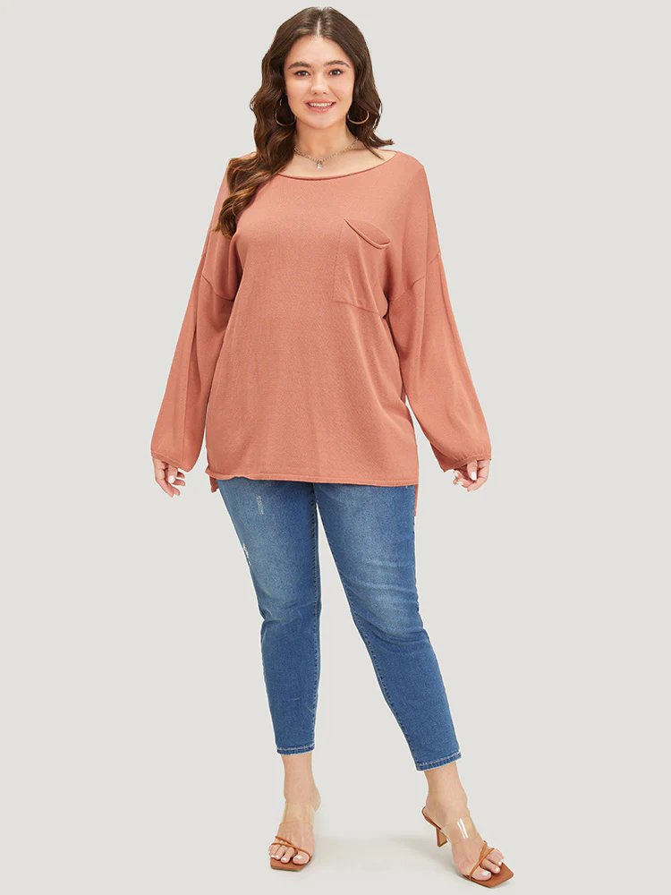 Solid Patched Pocket Split Side Pullover - Image 5