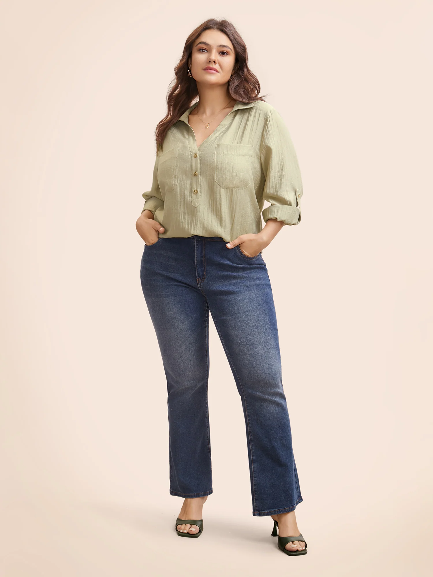 Solid Patched Pocket Tab Sleeve Blouse - Image 2