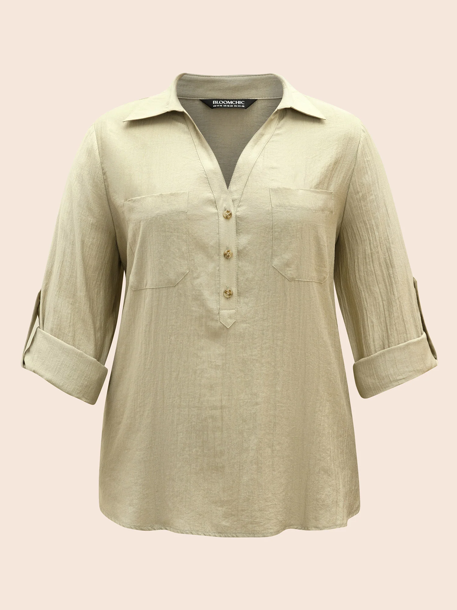 Solid Patched Pocket Tab Sleeve Blouse - Image 8