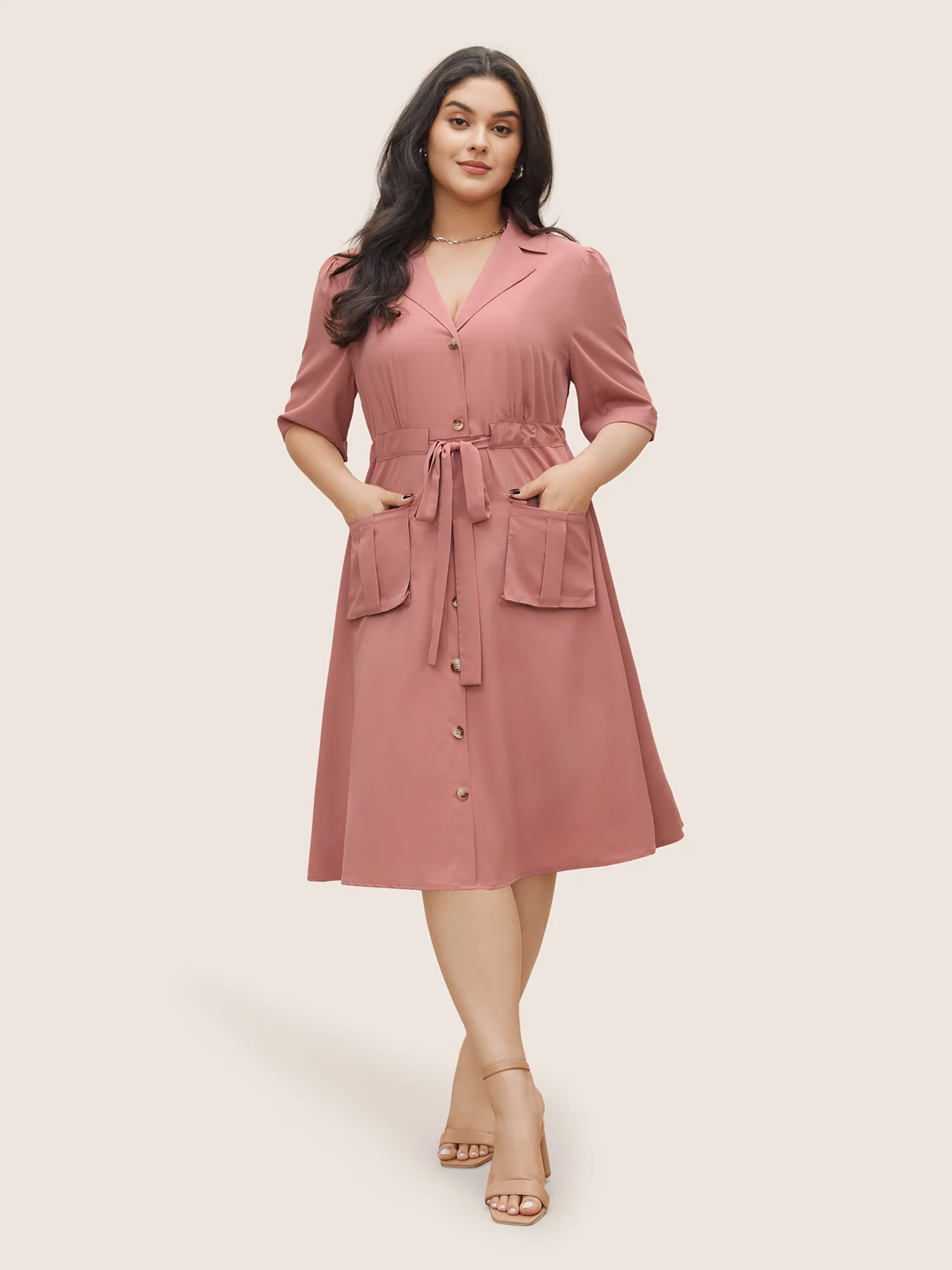 Solid Patched Pocket Ties Gathered Dress - Image 2