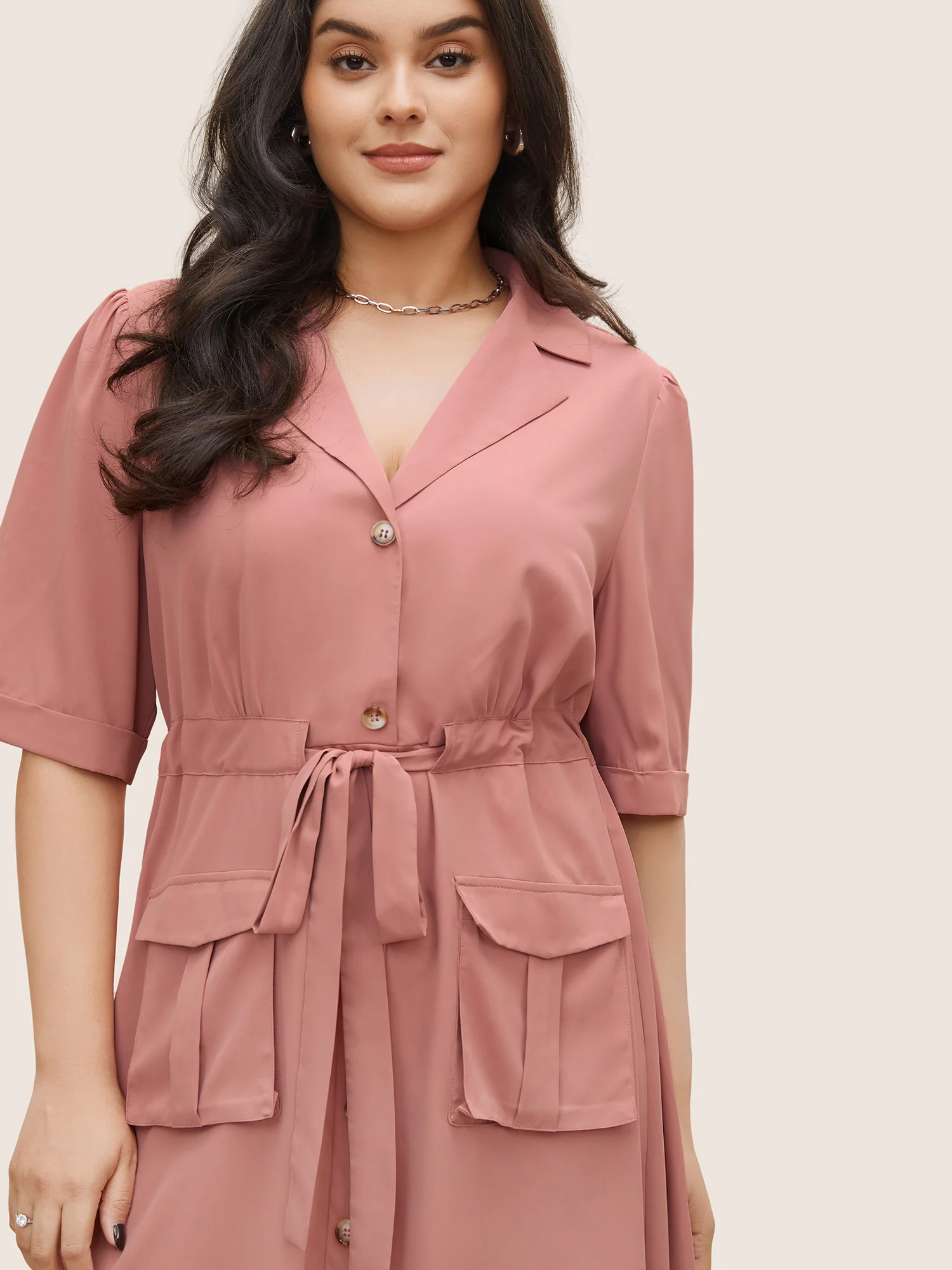 Solid Patched Pocket Ties Gathered Dress - Image 4