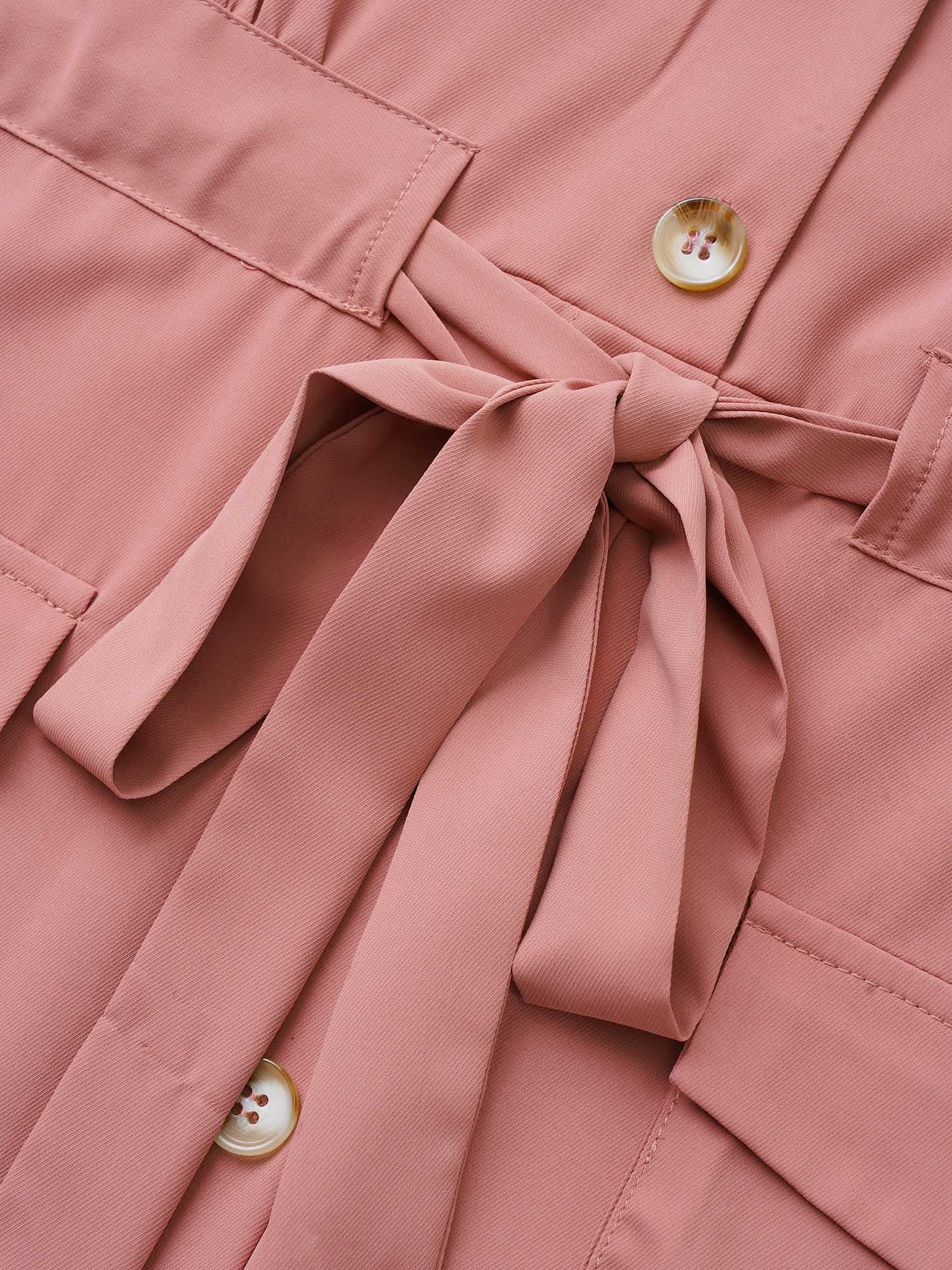 Solid Patched Pocket Ties Gathered Dress - Image 5
