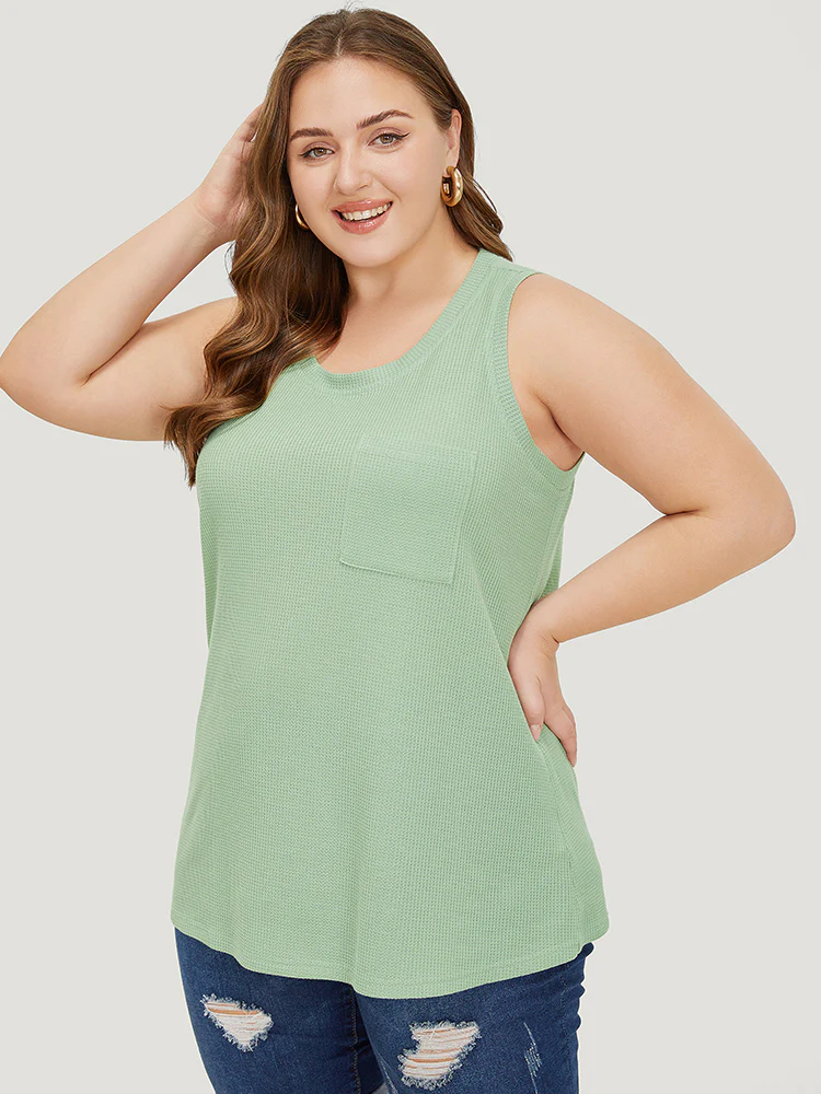 Solid Patched Pocket Waffle Knit Tank Top - Image 3