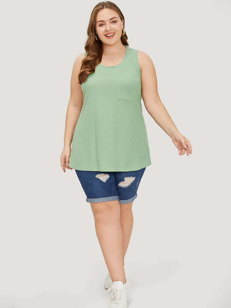 Solid Patched Pocket Waffle Knit Tank Top - Image 5