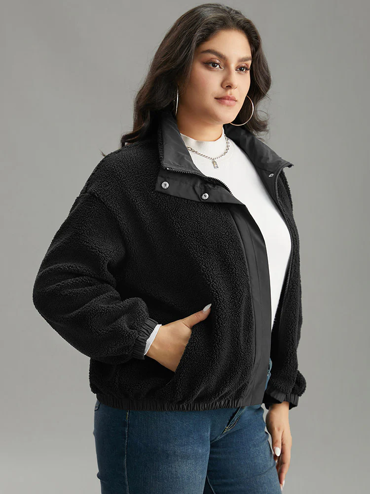 Solid Patchwork Button Up Pocket Zipper Jacket - Image 3