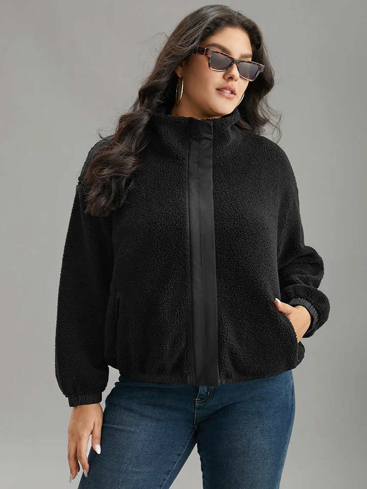 Solid Patchwork Button Up Pocket Zipper Jacket - Image 5