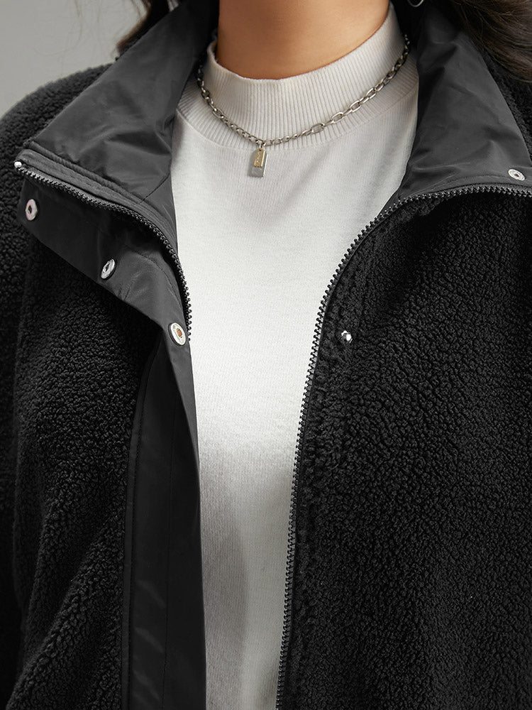Solid Patchwork Button Up Pocket Zipper Jacket - Image 7
