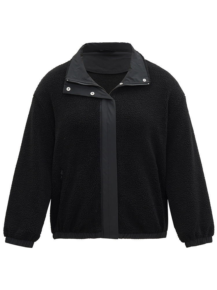 Solid Patchwork Button Up Pocket Zipper Jacket - Image 8