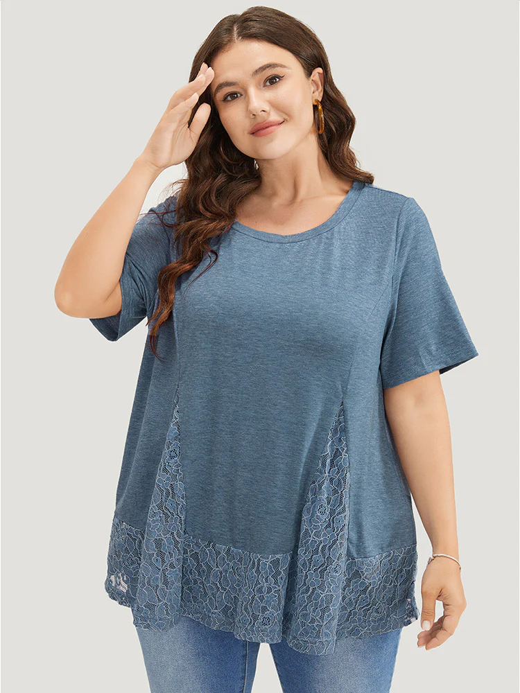Solid Patchwork Crew Neck Lace Swing T-shirt - Image 2