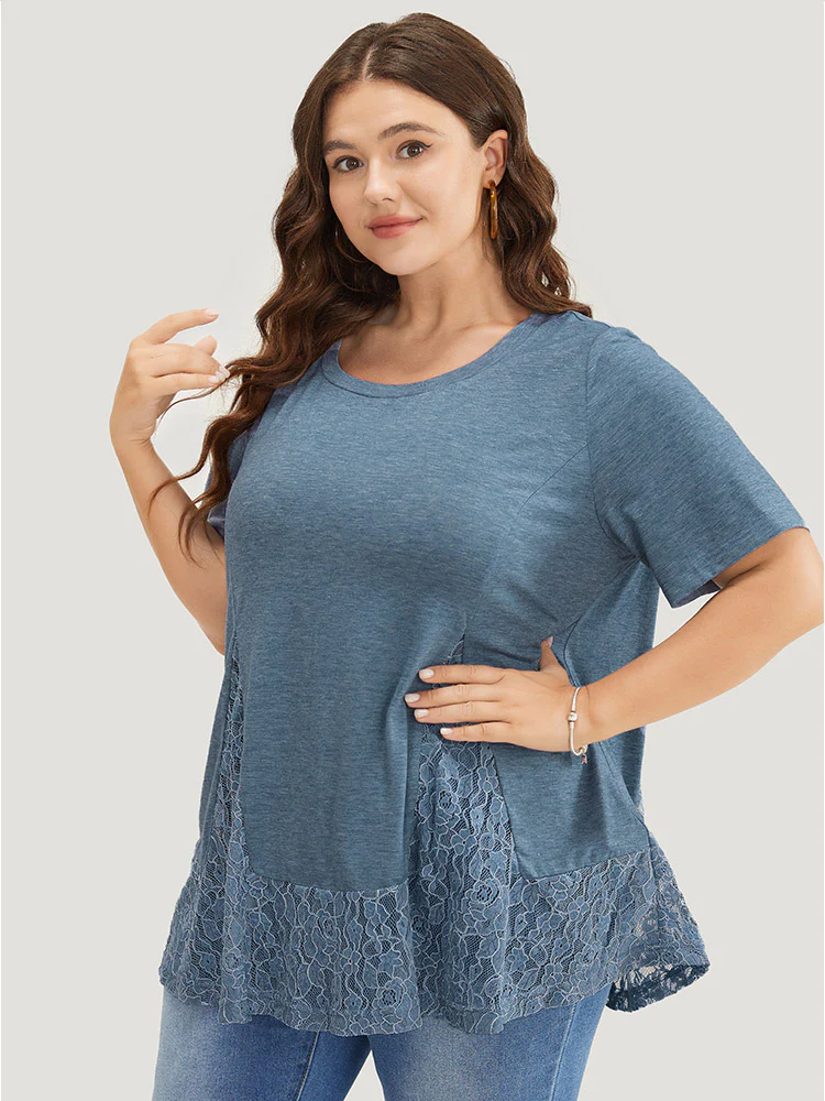 Solid Patchwork Crew Neck Lace Swing T-shirt - Image 3