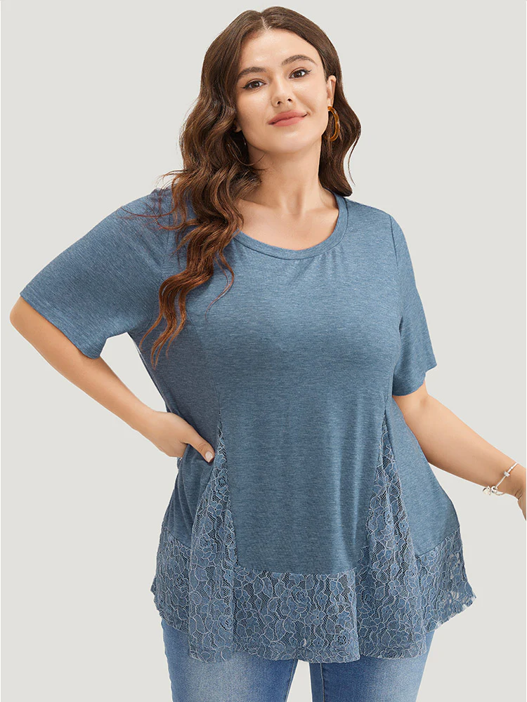 Solid Patchwork Crew Neck Lace Swing T-shirt - Image 4