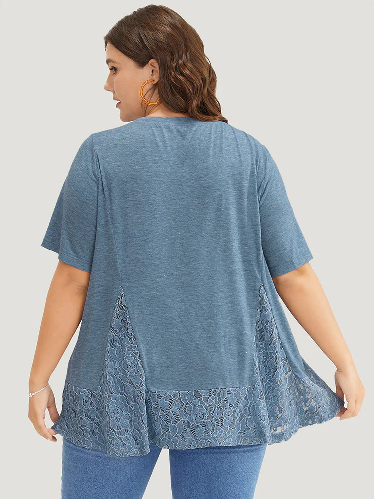 Solid Patchwork Crew Neck Lace Swing T-shirt - Image 5