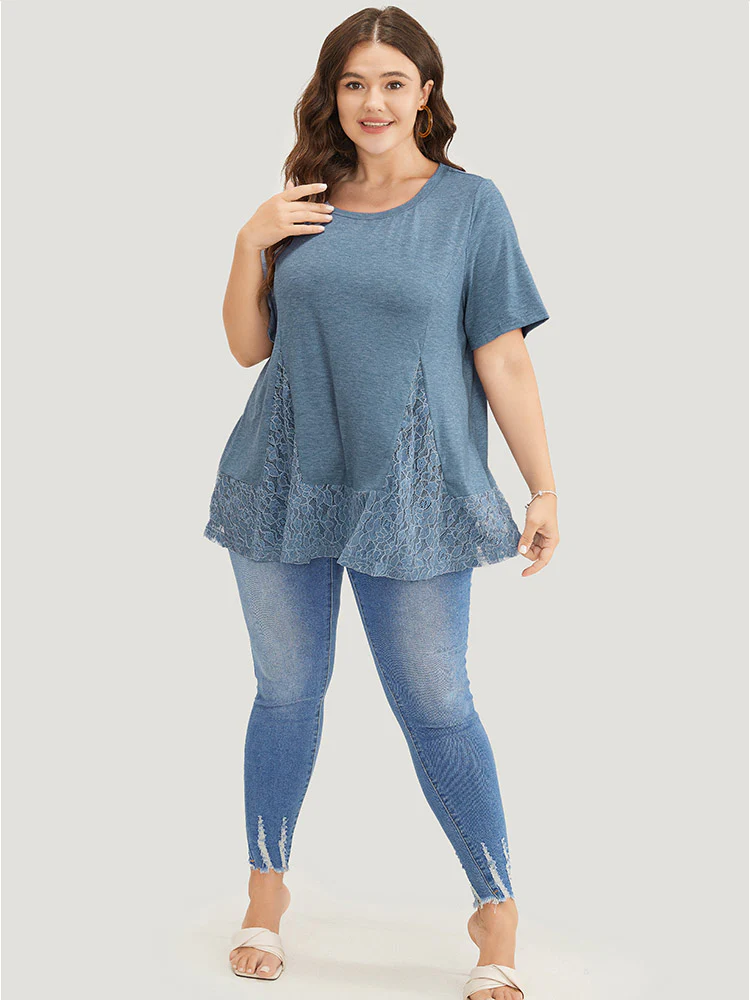Solid Patchwork Crew Neck Lace Swing T-shirt - Image 6