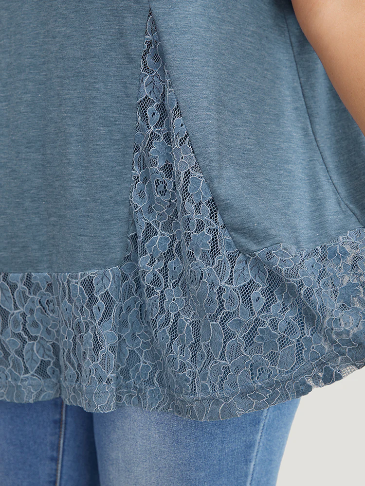 Solid Patchwork Crew Neck Lace Swing T-shirt - Image 8