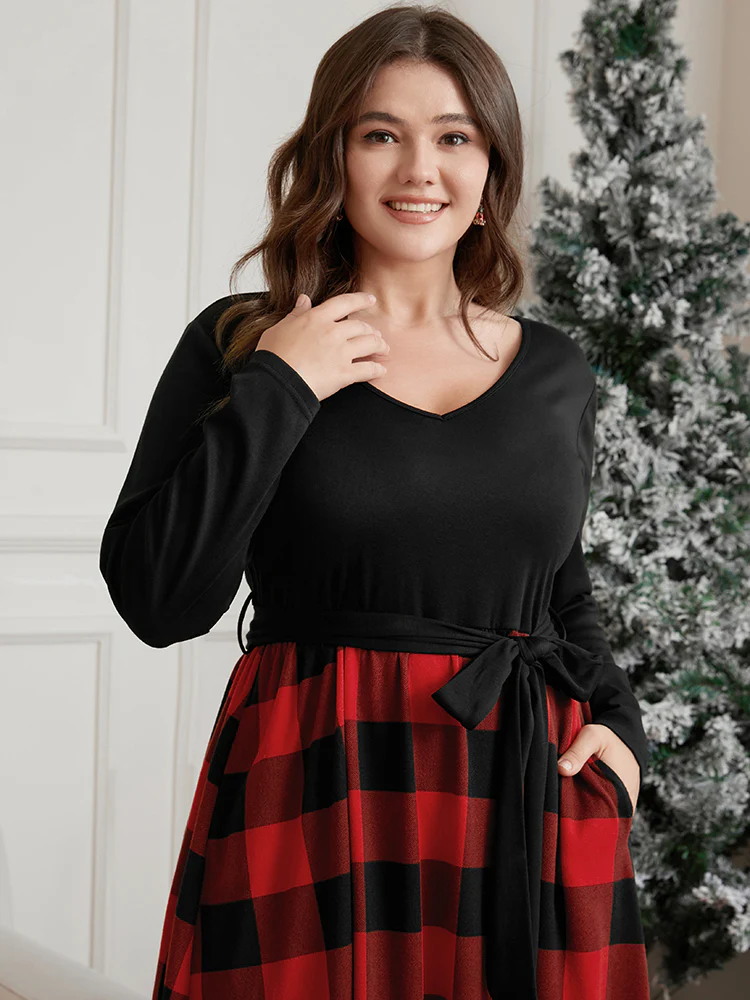 Solid Patchwork Pocket Belted Plaid Dress - Image 3