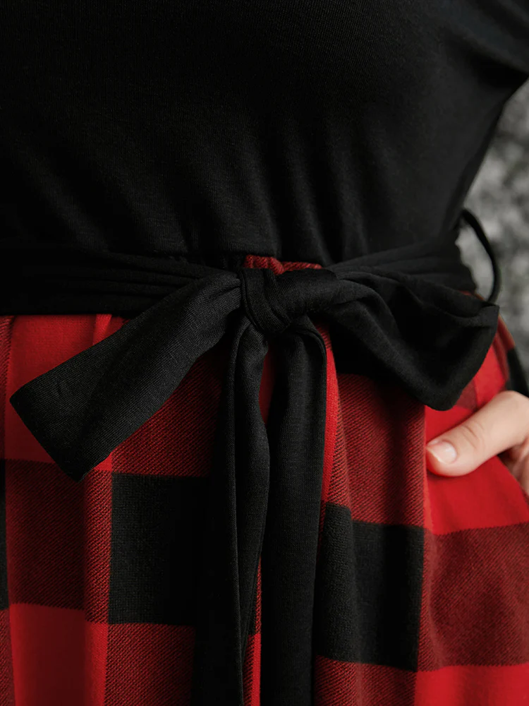 Solid Patchwork Pocket Belted Plaid Dress - Image 7