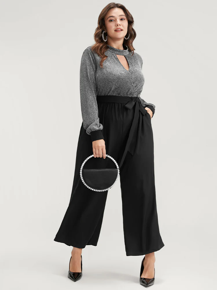 Solid Patchwork Pocket Keyhole Belted Sequin Jumpsuit - Image 2