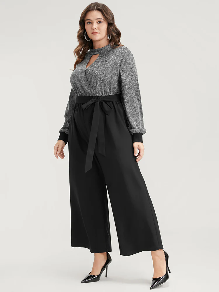 Solid Patchwork Pocket Keyhole Belted Sequin Jumpsuit - Image 3