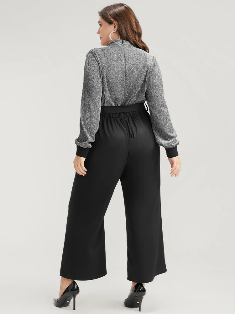 Solid Patchwork Pocket Keyhole Belted Sequin Jumpsuit - Image 4