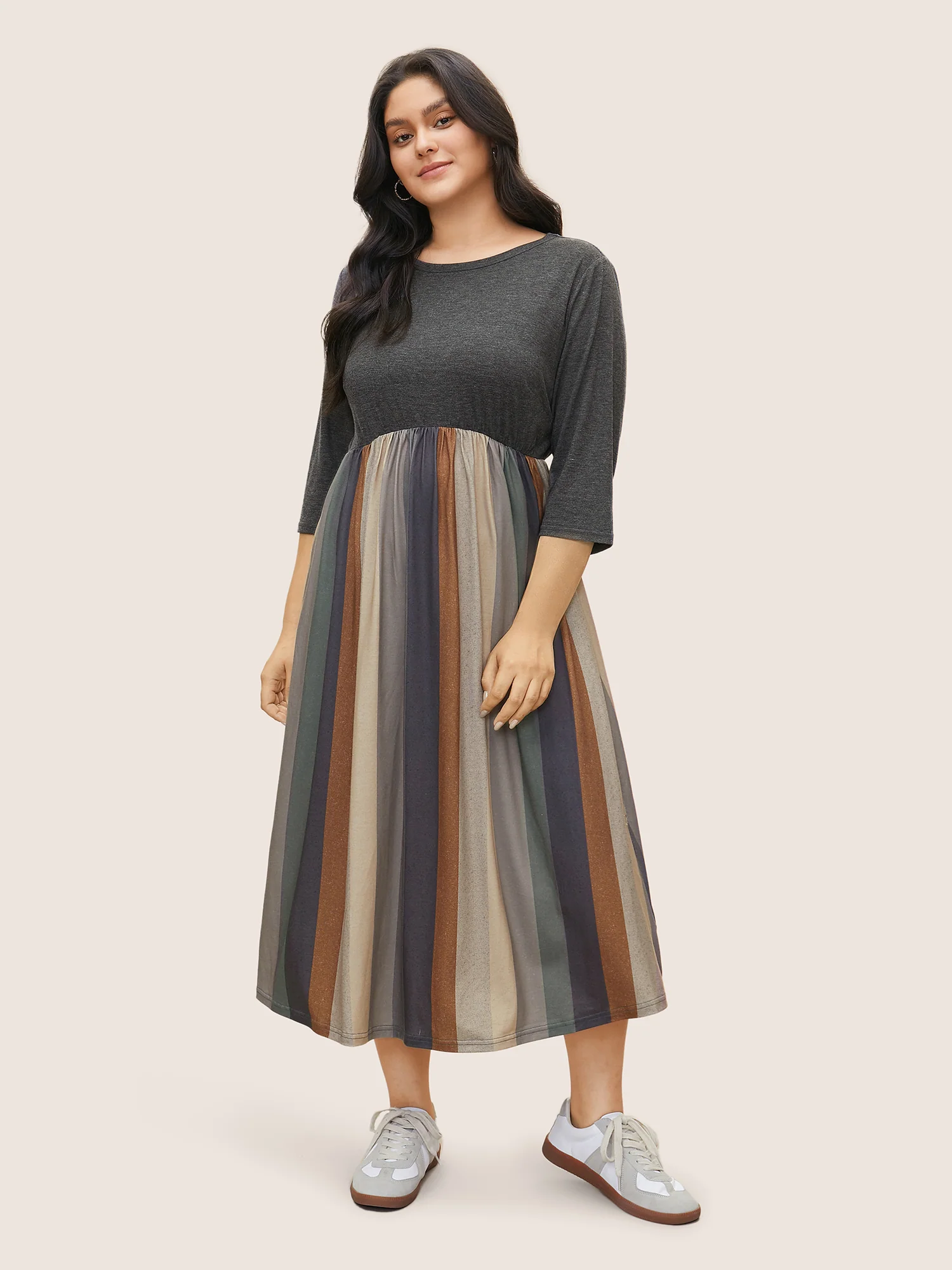 Solid Patchwork Pocket Striped Flutter Hem Dress - Image 2