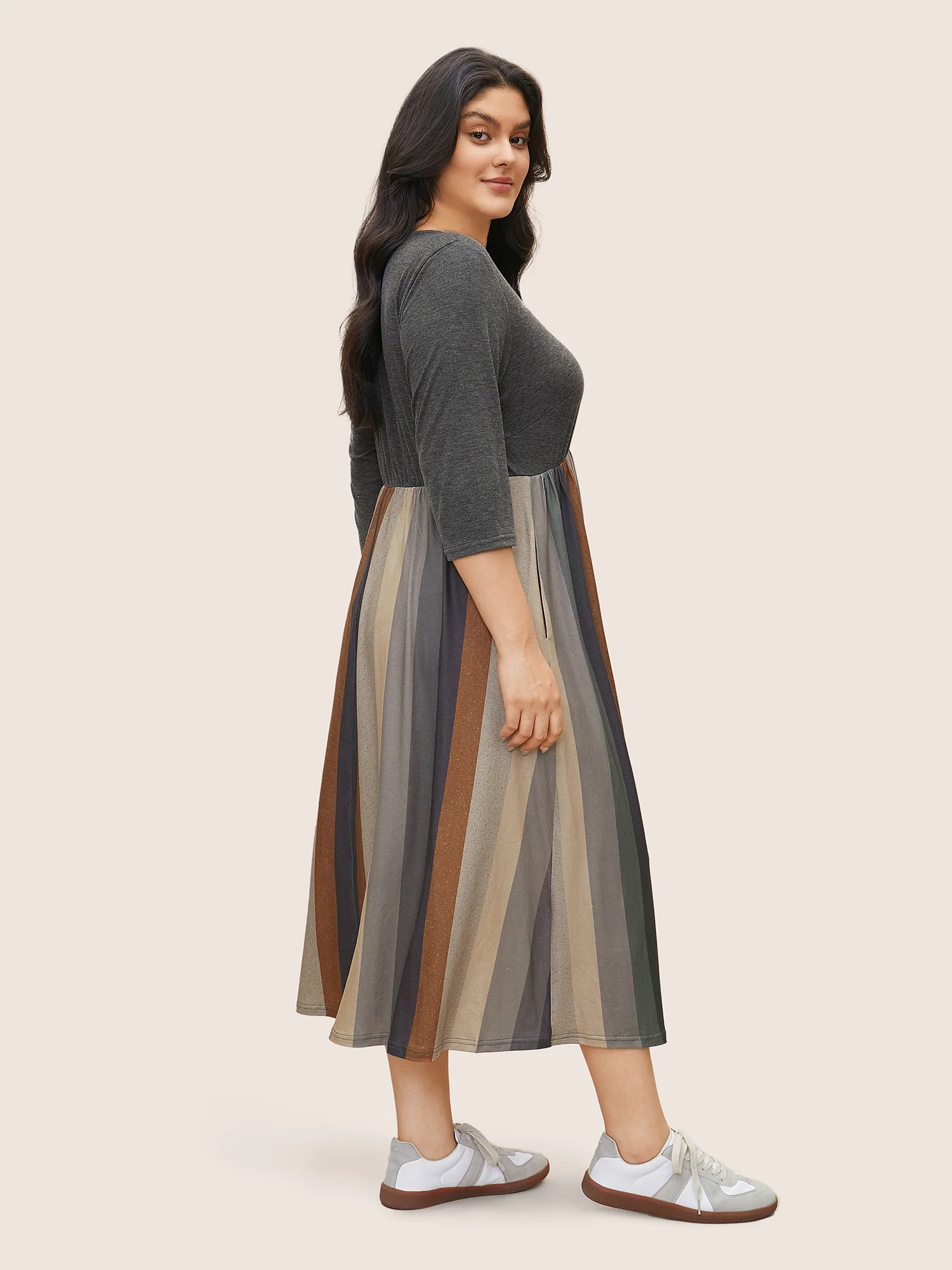 Solid Patchwork Pocket Striped Flutter Hem Dress - Image 3