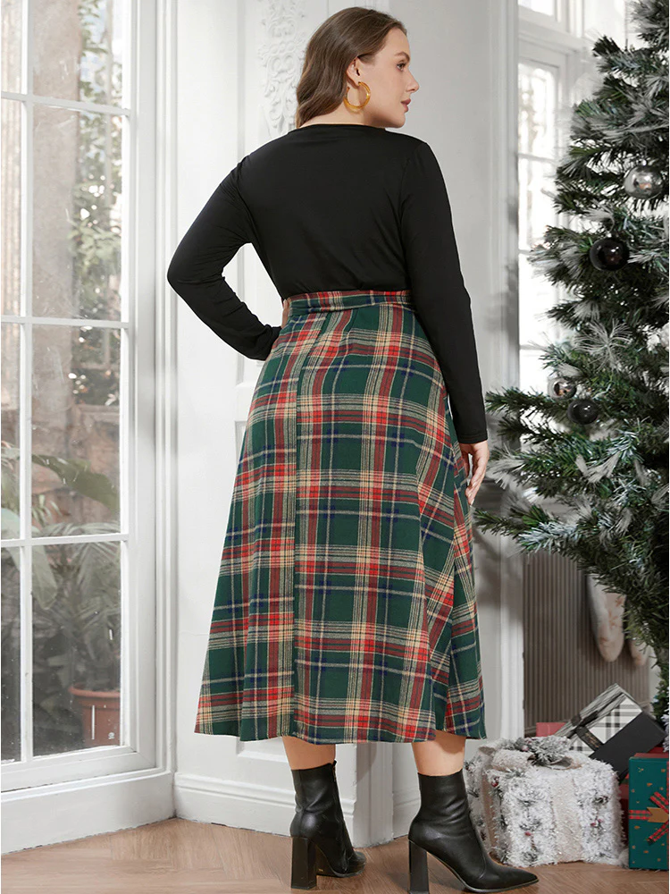 Solid Patchwork Surplice Neck Belted Plaid Dress - Image 2