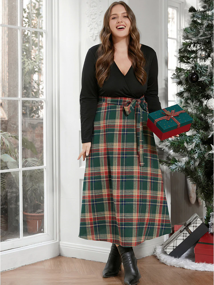 Solid Patchwork Surplice Neck Belted Plaid Dress - Image 3