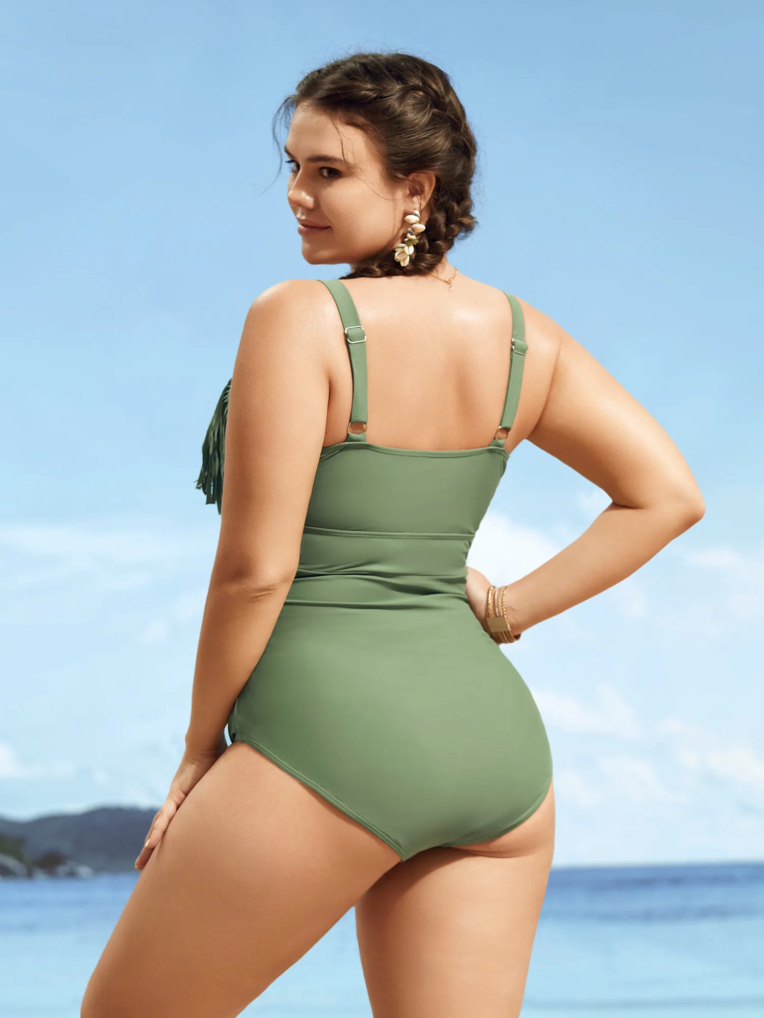 Solid Patchwork Tassel Trim One Piece Swimsuit - Image 2