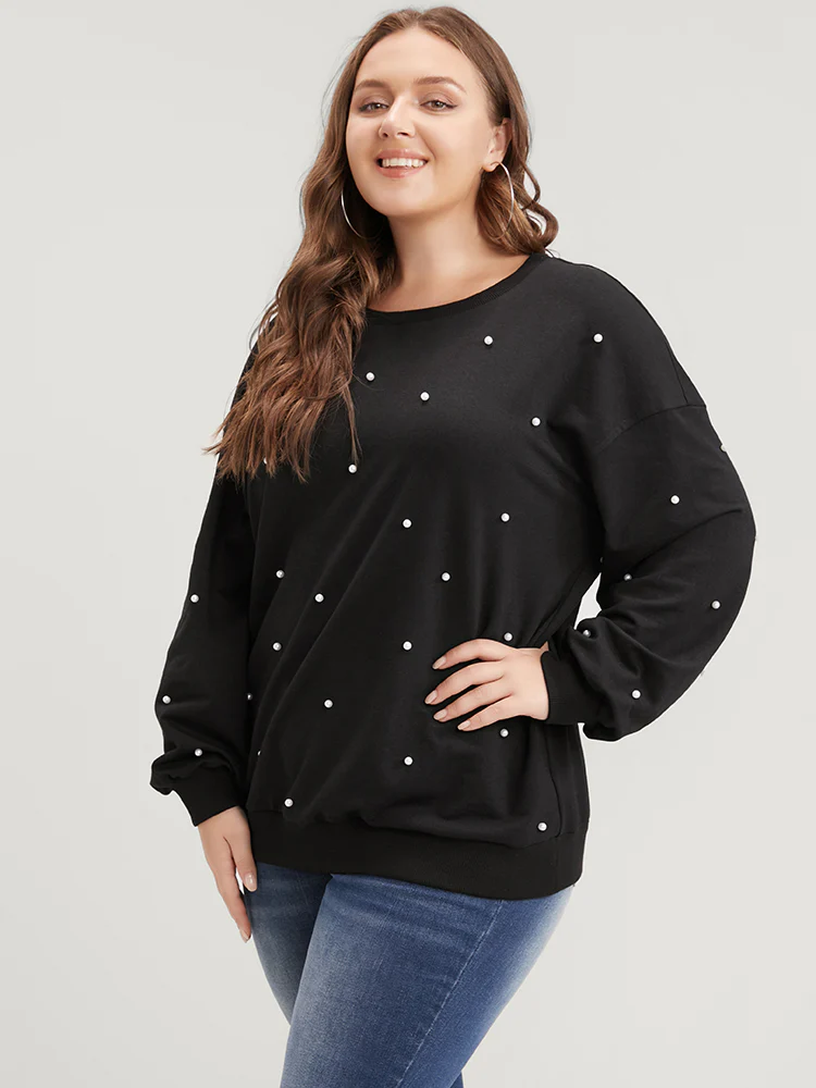 Solid Pearl Beaded Drop Shoulder Sweatshirt - Image 2