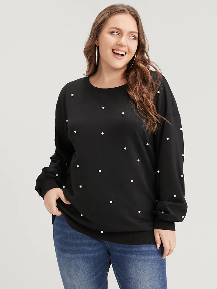 Solid Pearl Beaded Drop Shoulder Sweatshirt - Image 3