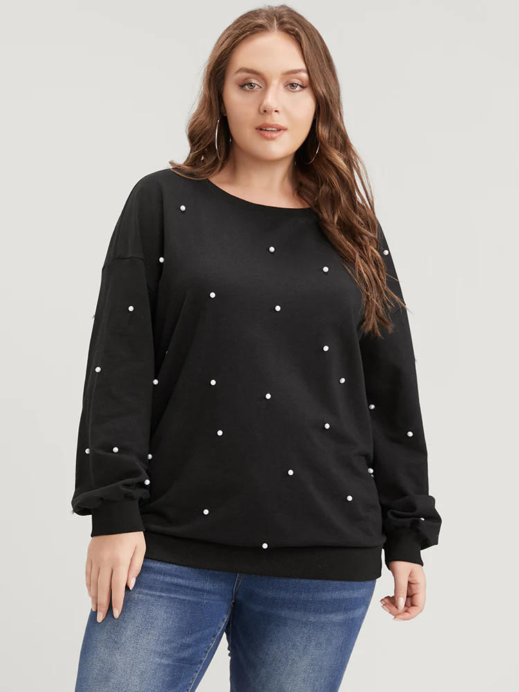 Solid Pearl Beaded Drop Shoulder Sweatshirt - Image 4