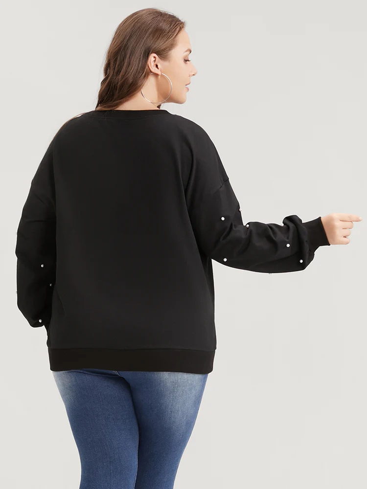 Solid Pearl Beaded Drop Shoulder Sweatshirt - Image 5