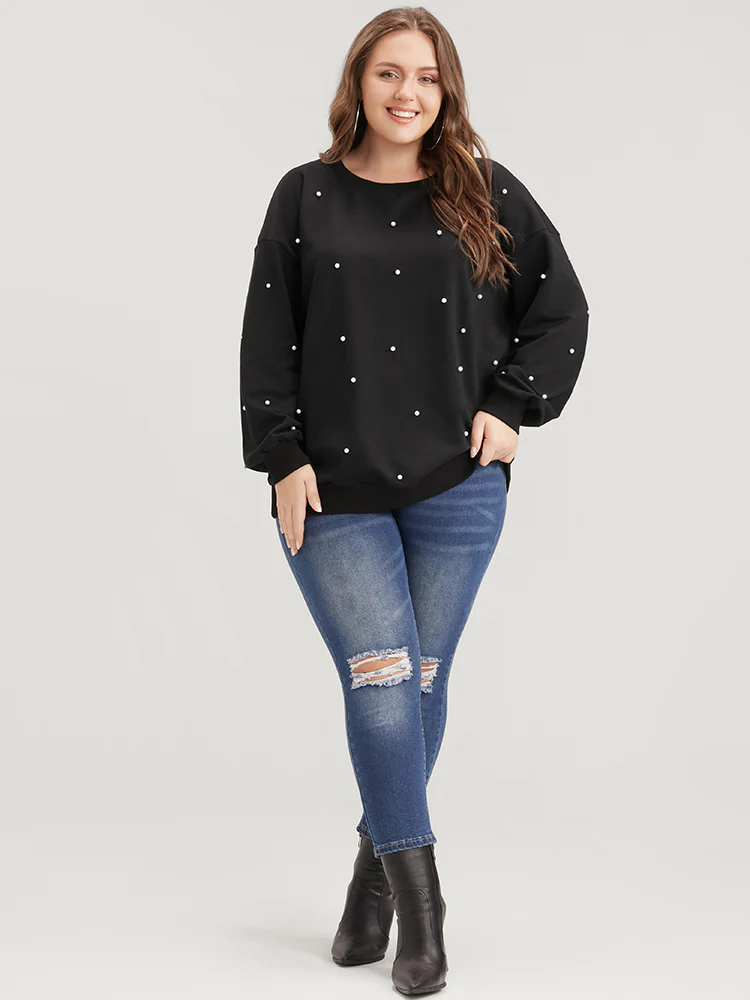 Solid Pearl Beaded Drop Shoulder Sweatshirt - Image 6