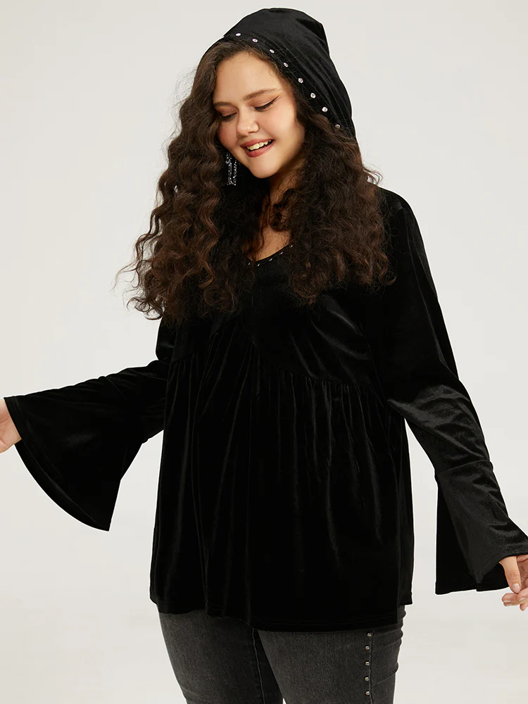 Halloween Solid Pearl Beaded Hooded Bell Sleeve T-shirt - Image 2