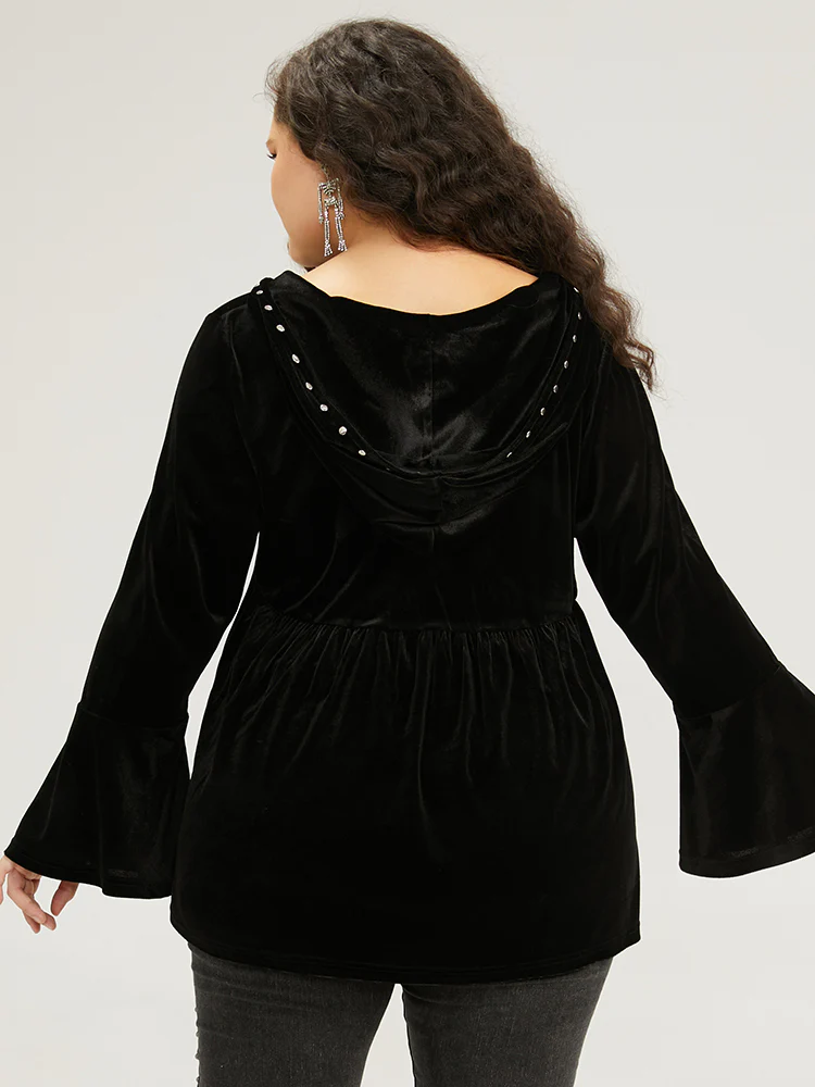 Halloween Solid Pearl Beaded Hooded Bell Sleeve T-shirt - Image 3