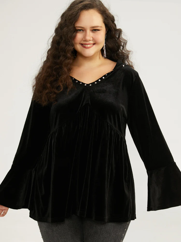 Halloween Solid Pearl Beaded Hooded Bell Sleeve T-shirt - Image 4