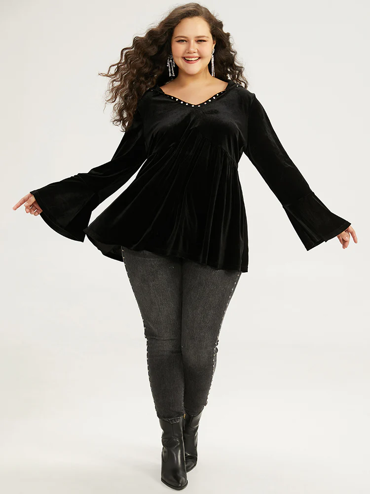 Halloween Solid Pearl Beaded Hooded Bell Sleeve T-shirt - Image 5
