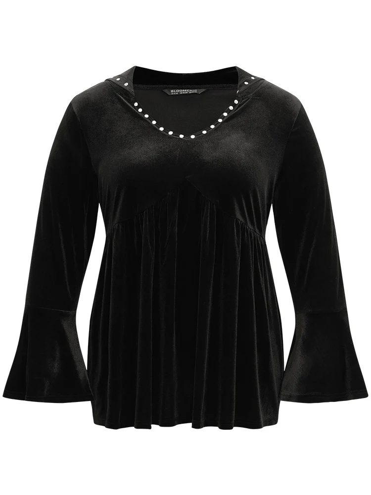 Halloween Solid Pearl Beaded Hooded Bell Sleeve T-shirt - Image 8