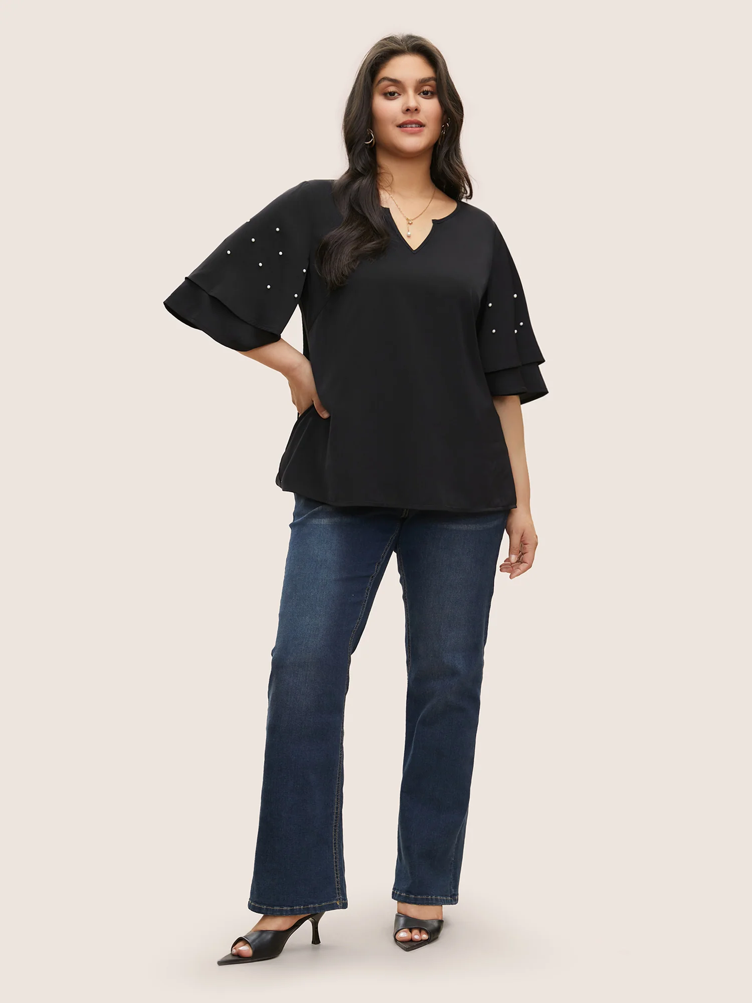 Solid Pearl Beaded Ruffle Layered Sleeve Blouse - Image 2
