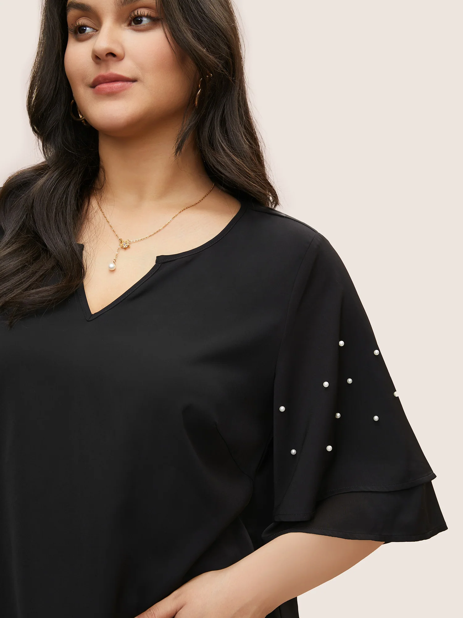 Solid Pearl Beaded Ruffle Layered Sleeve Blouse - Image 3