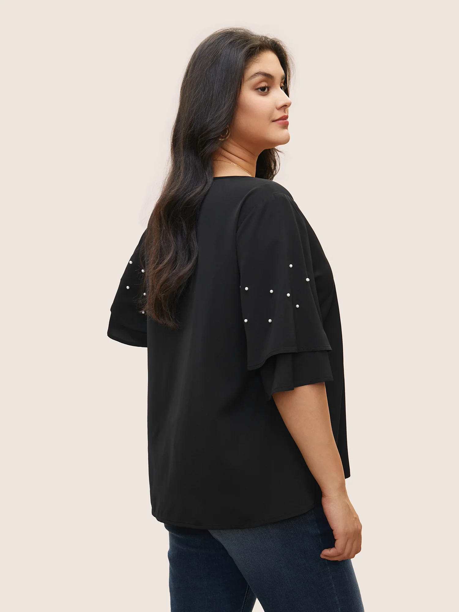 Solid Pearl Beaded Ruffle Layered Sleeve Blouse - Image 4