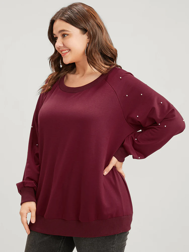 Solid Pearls Beaded Raglan Sleeve Drop Shoulder Sweatshirt - Image 2