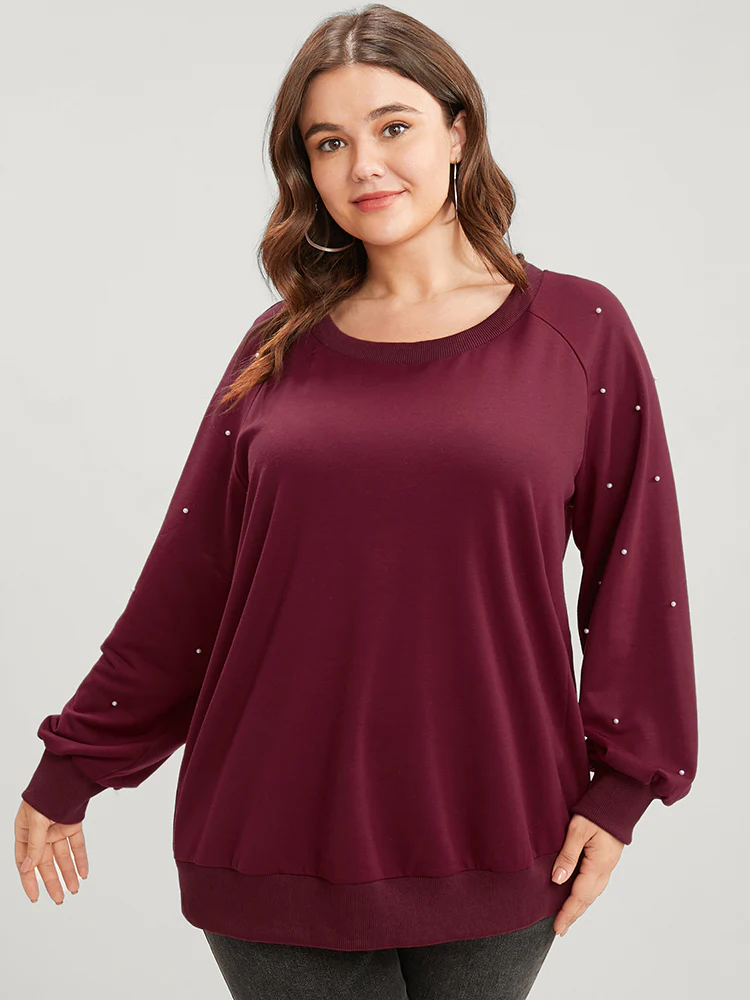 Solid Pearls Beaded Raglan Sleeve Drop Shoulder Sweatshirt - Image 3